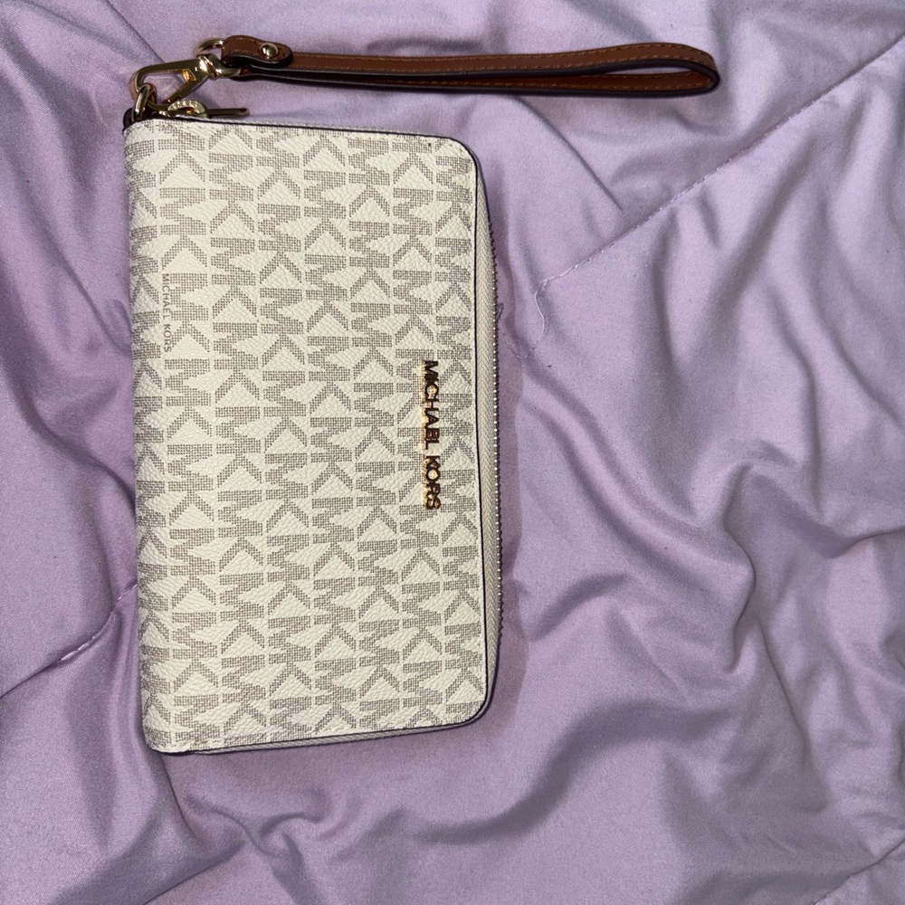 Michael Kors Cream and Brown Logo Wristlet